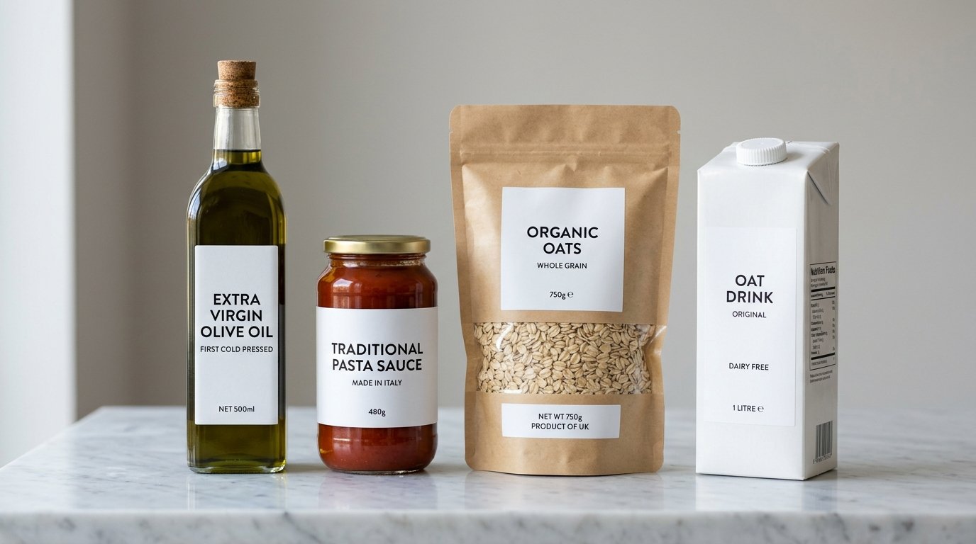 UAE approved food products, olive oil container and packaging on clean surface