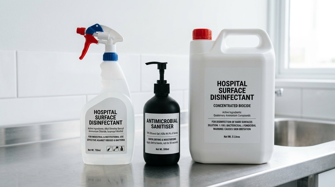 Spray disinfectant bottles, sanitiser containers, and hospital-grade biocides