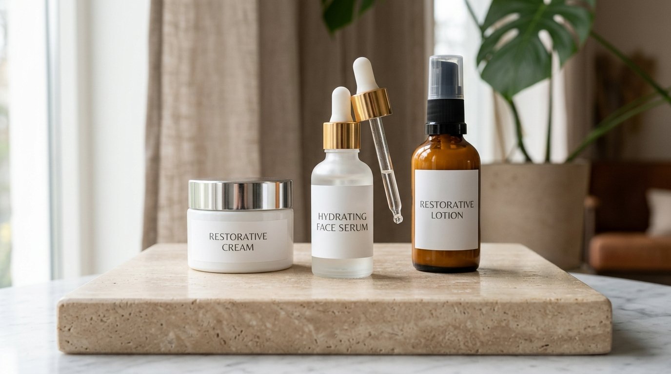 Skincare bottles, lotions, and cosmetic jars on neutral background