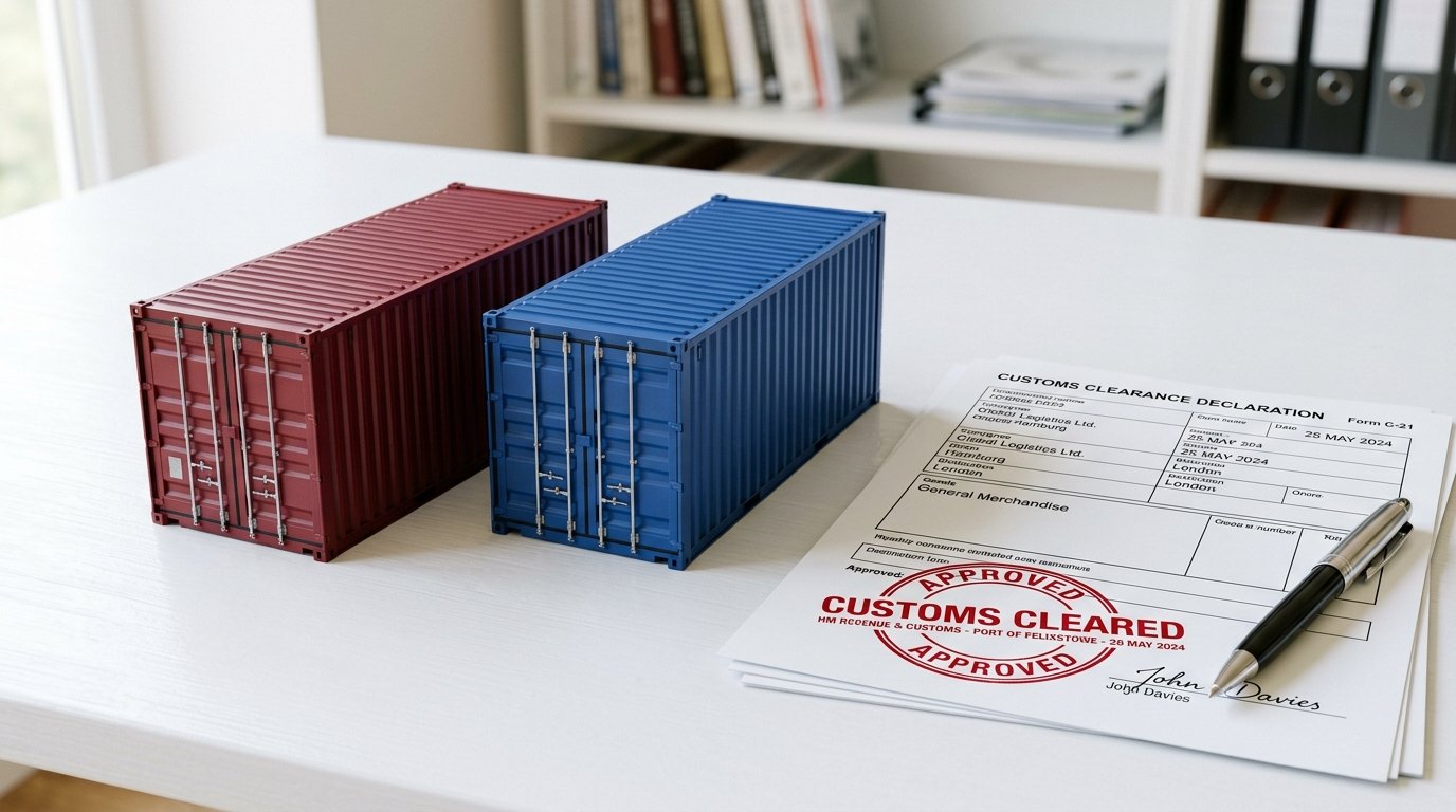 Unbranded commercial shipping container freight and port customs clearance declaration